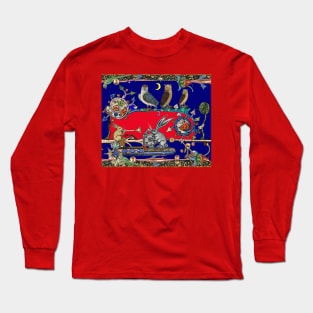 WEIRD MEDIEVAL BESTIARY MAKING MUSIC,Three Owls And Night Concert of Rabbits, Red Blue Long Sleeve T-Shirt